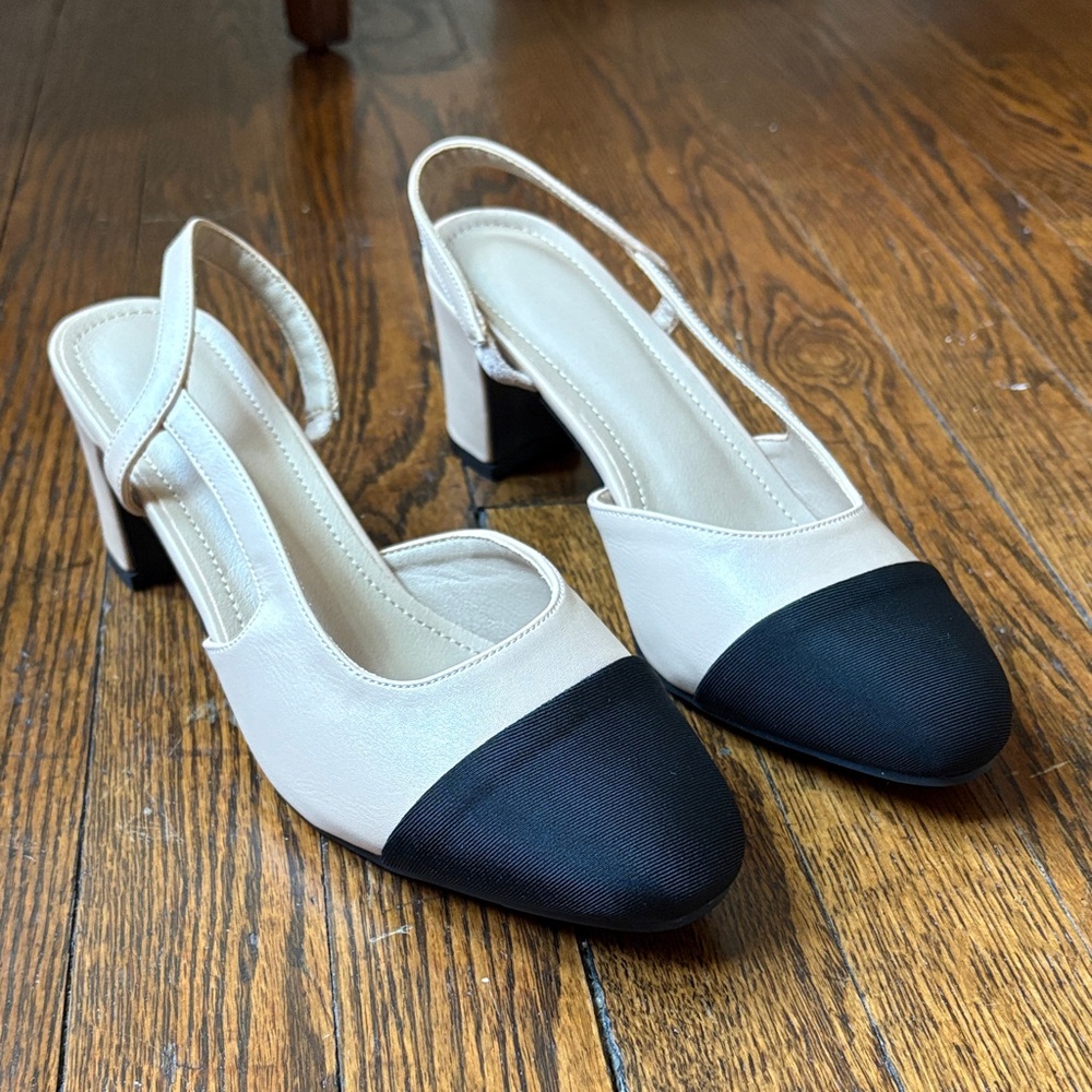 Chic Black and Cream Slingback Heels Never Worn